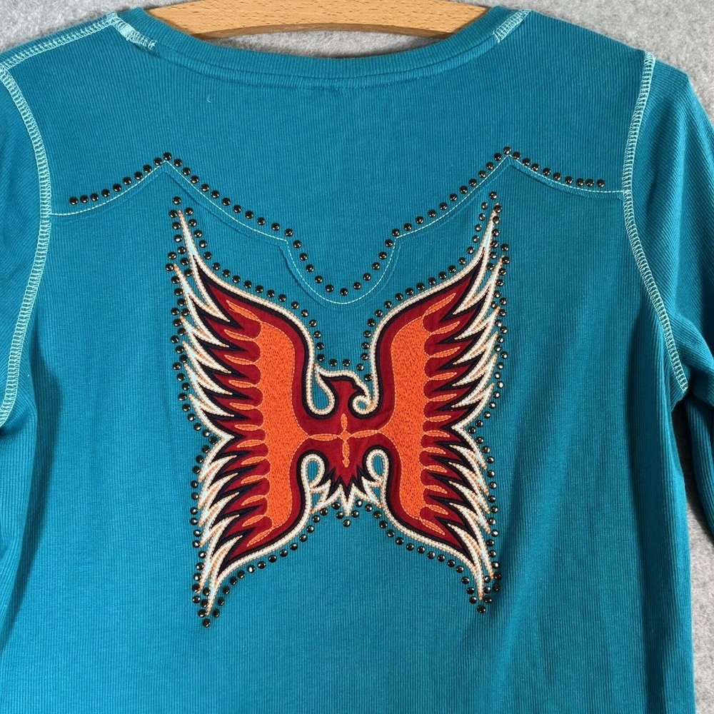 Ariat Shirt Women’s XL Thermal  Teal Blue Studded Ganado Southwest Rodeo Ribbed